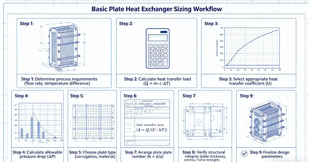 Step-by-step technical workflow for plate heat exchanger sizing calculation including heat load, LMTD, and plate selection.