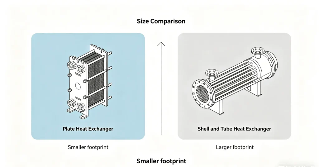 Plate heat exchanger and shell and tube heat exchanger footprint size comparison