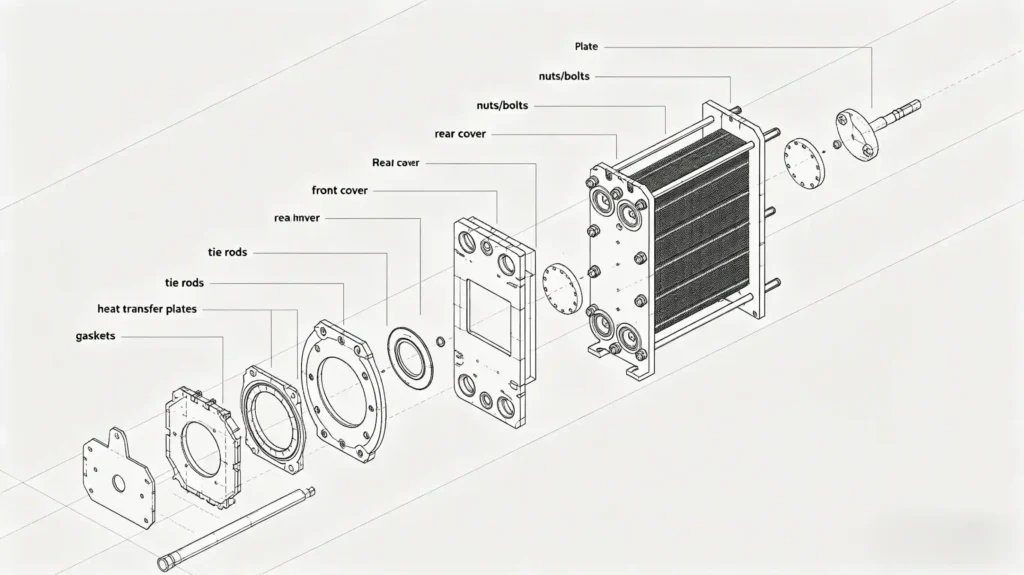 Exploded view structure of plate heat exchanger main components