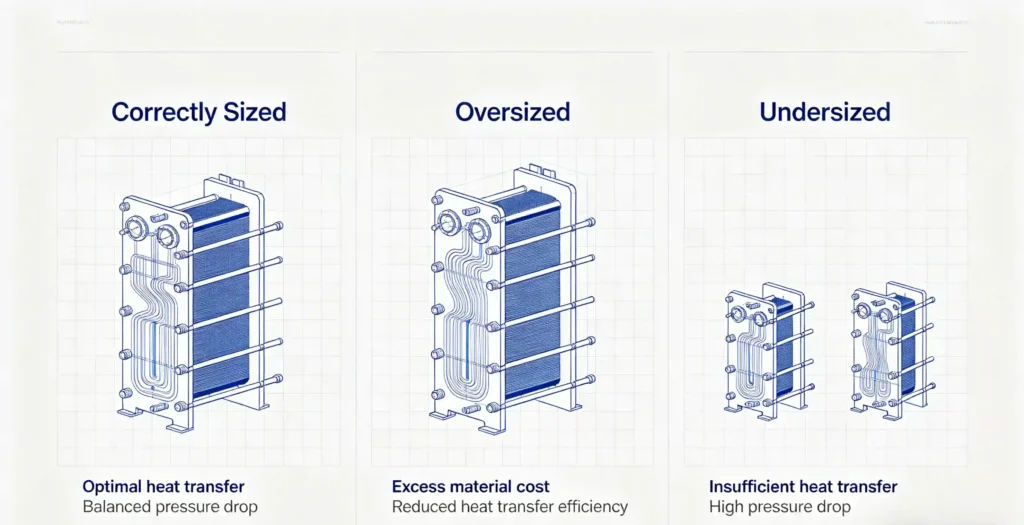 Comparison of correctly sized, oversized, and undersized plate heat exchangers showing heat transfer efficiency and pressure drop.