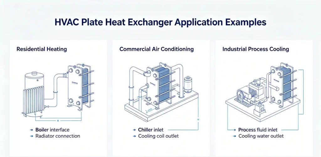 Common application diagrams of plate heat exchangers in residential heating, commercial air conditioning, and industrial process cooling systems.