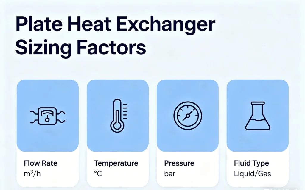 Plate heat exchanger sizing factors infographic flow rate temperature pressure fluid type
