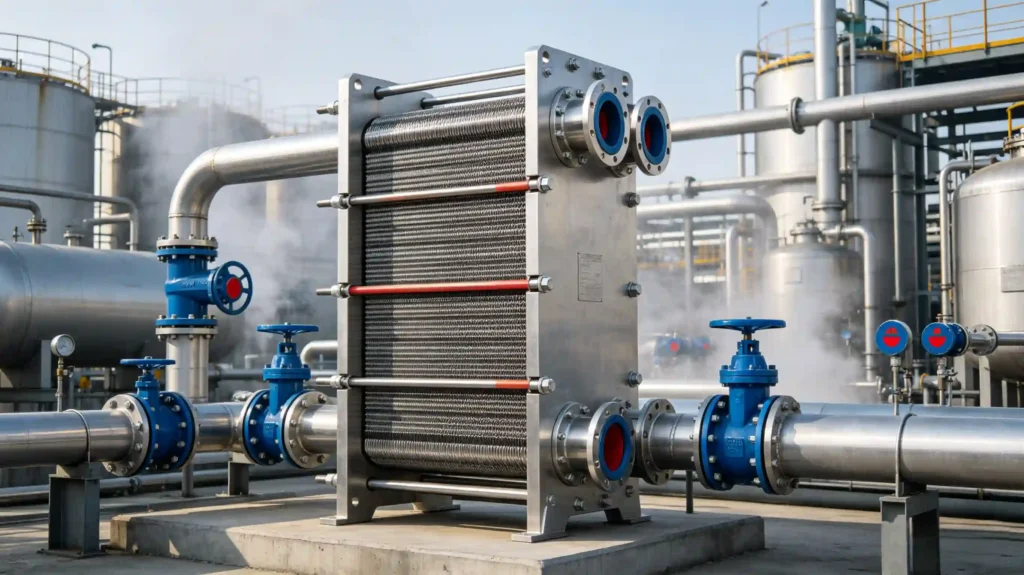 Industrial plate heat exchanger layout for chemical and energy production systems
