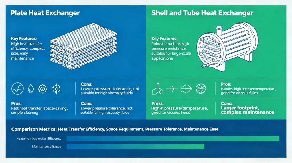 Plate heat exchanger versus shell and tube unit performance comparison infographic
