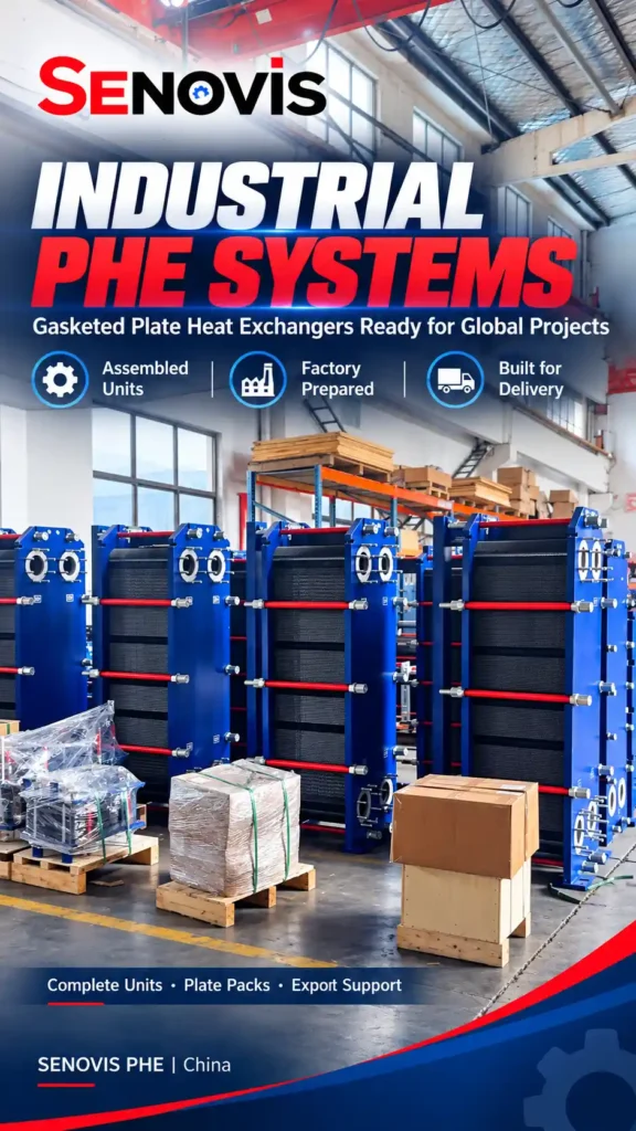 Blue industrial plate and frame heat exchanger units lined up inside the Senovis PHE workshop, with packed components and export crates in the foreground.