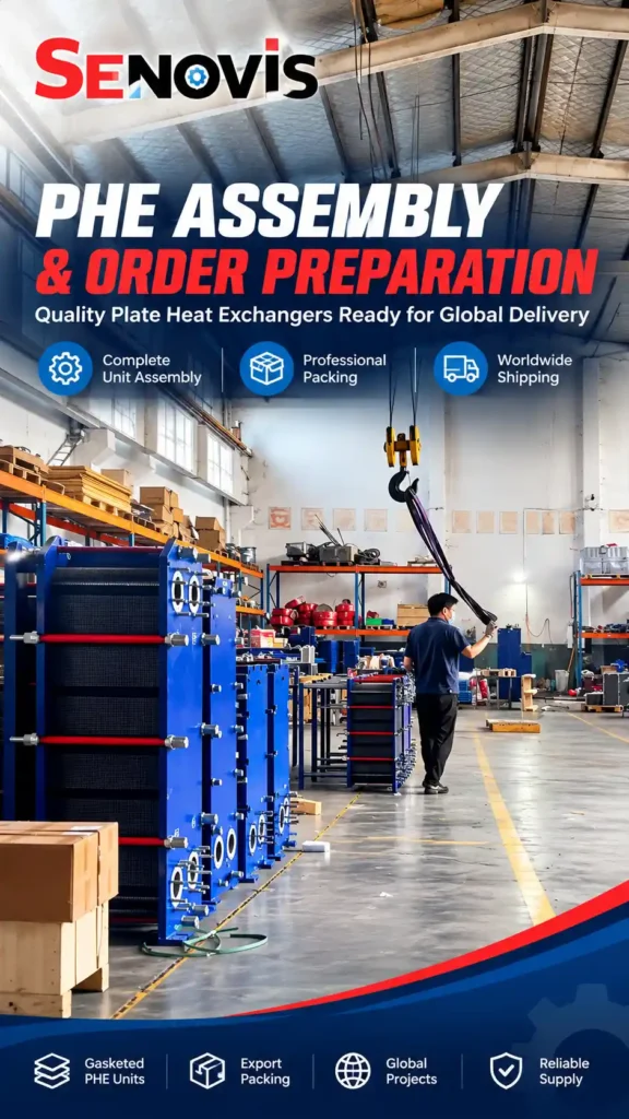 Worker handling an overhead crane lifting sling beside blue plate heat exchanger equipment inside the Senovis PHE industrial workshop.
