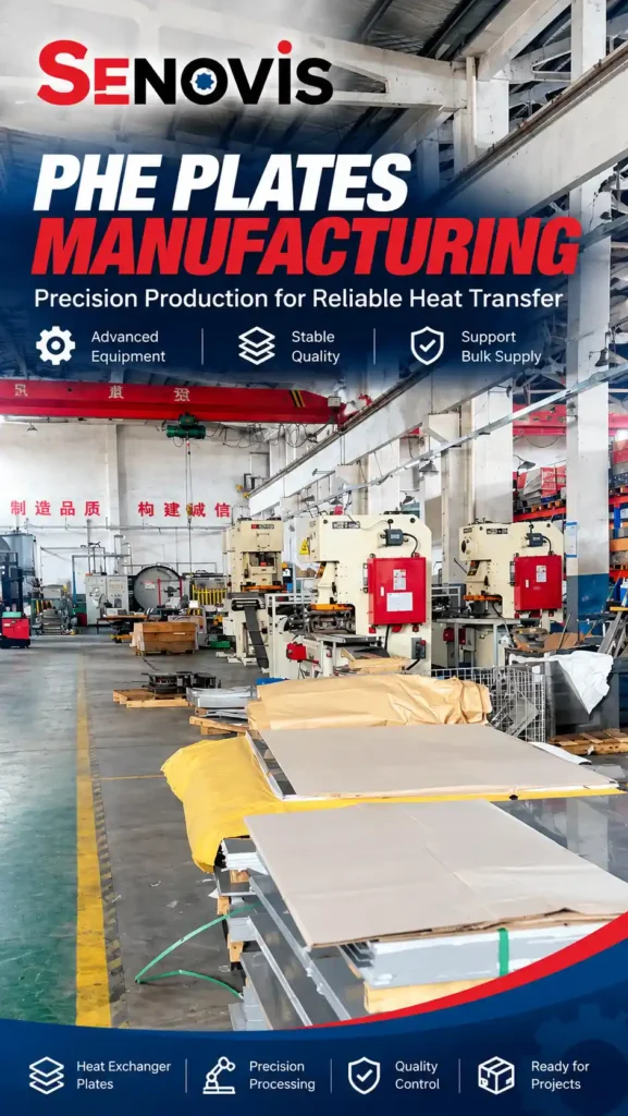 Industrial press machines and stacked metal components protected with cardboard in the Senovis PHE workshop for heat exchanger plate production.