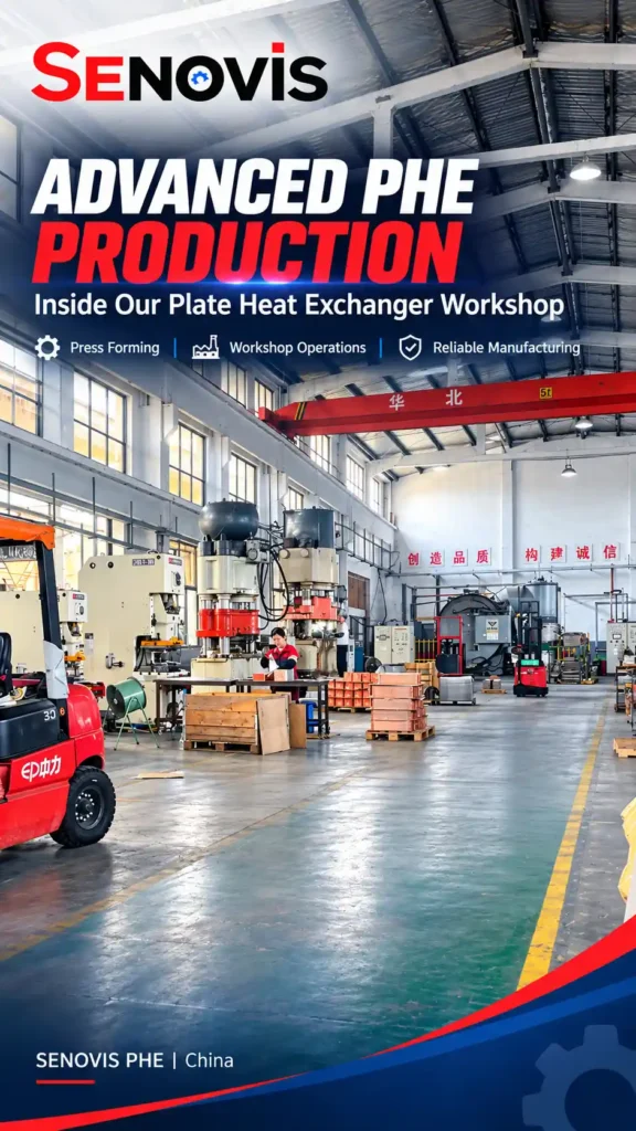 Senovis PHE industrial workshop showing hydraulic press equipment, a production worker and material handling areas for plate heat exchanger manufacturing.