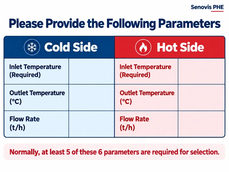 Senovis PHE quotation data form showing hot and cold fluid inlet temperatures, outlet temperatures and flow rates for pharmaceutical heat exchanger sizing.