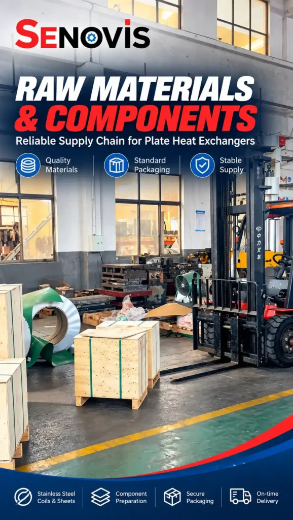 Metal coil, strapped wooden shipping crates and a forklift in the Senovis PHE factory material storage and handling area.