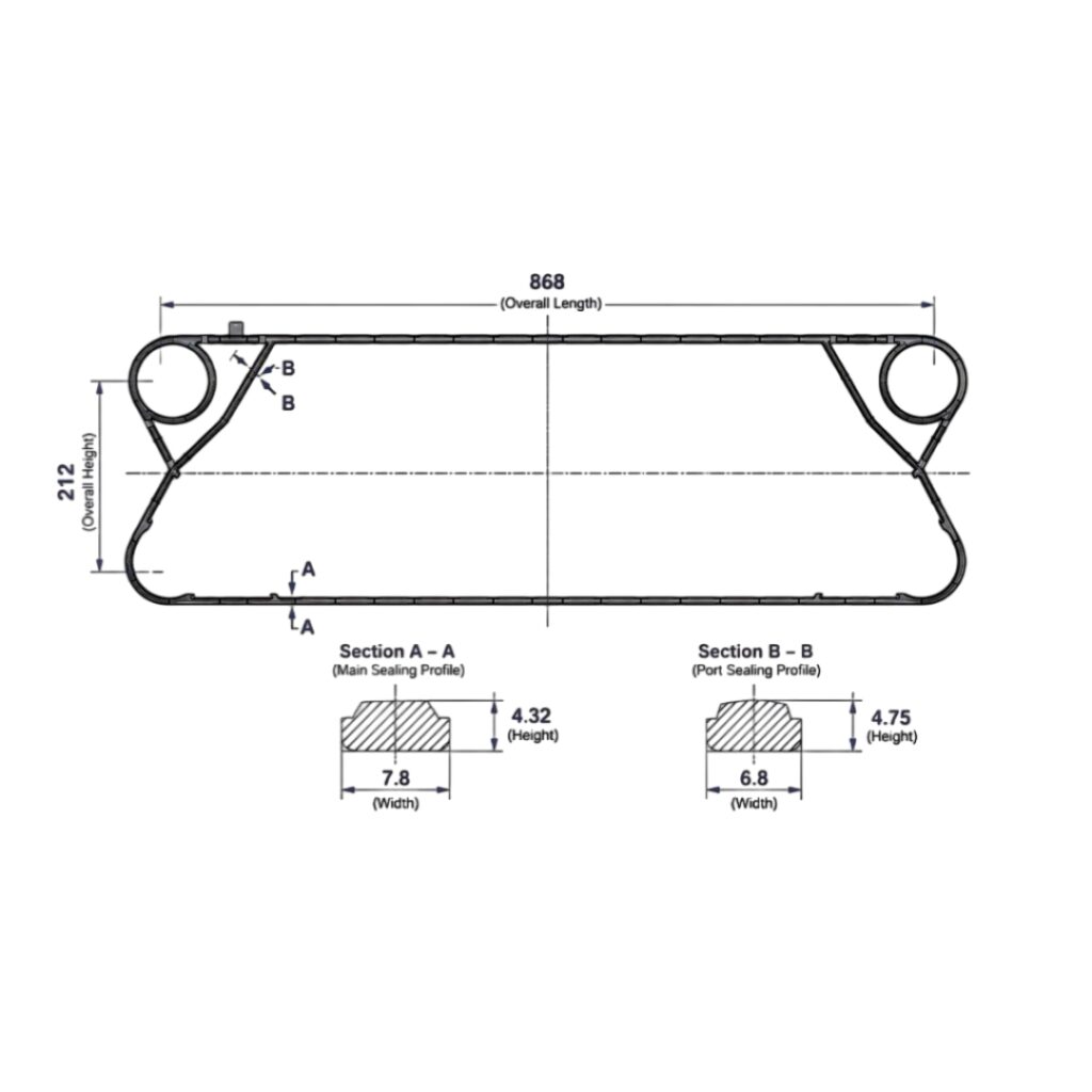 GEA Ecoflex VT20 gasket profile drawing with 868 mm reference dimension and A-A B-B seal cross-sections